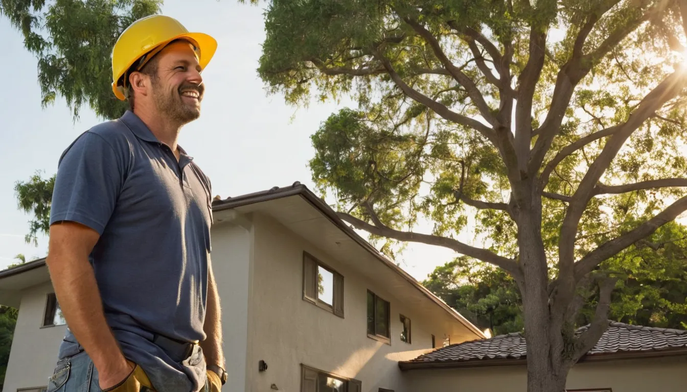 A friendly tree provider talking with a homeowner in a sunny St. Petersburg yard beside a tall tree