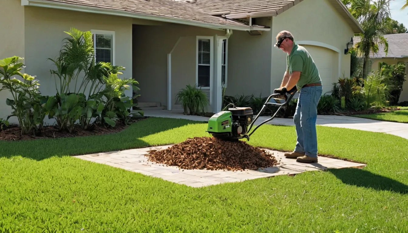 A local stump grinding provider working in a tidy backyard near St. Petersburg with a homeowner watching